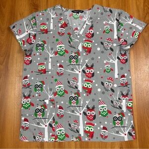 Cassandra O Christmas printed nurse uniform V-neck pockets short Sleeve Size S